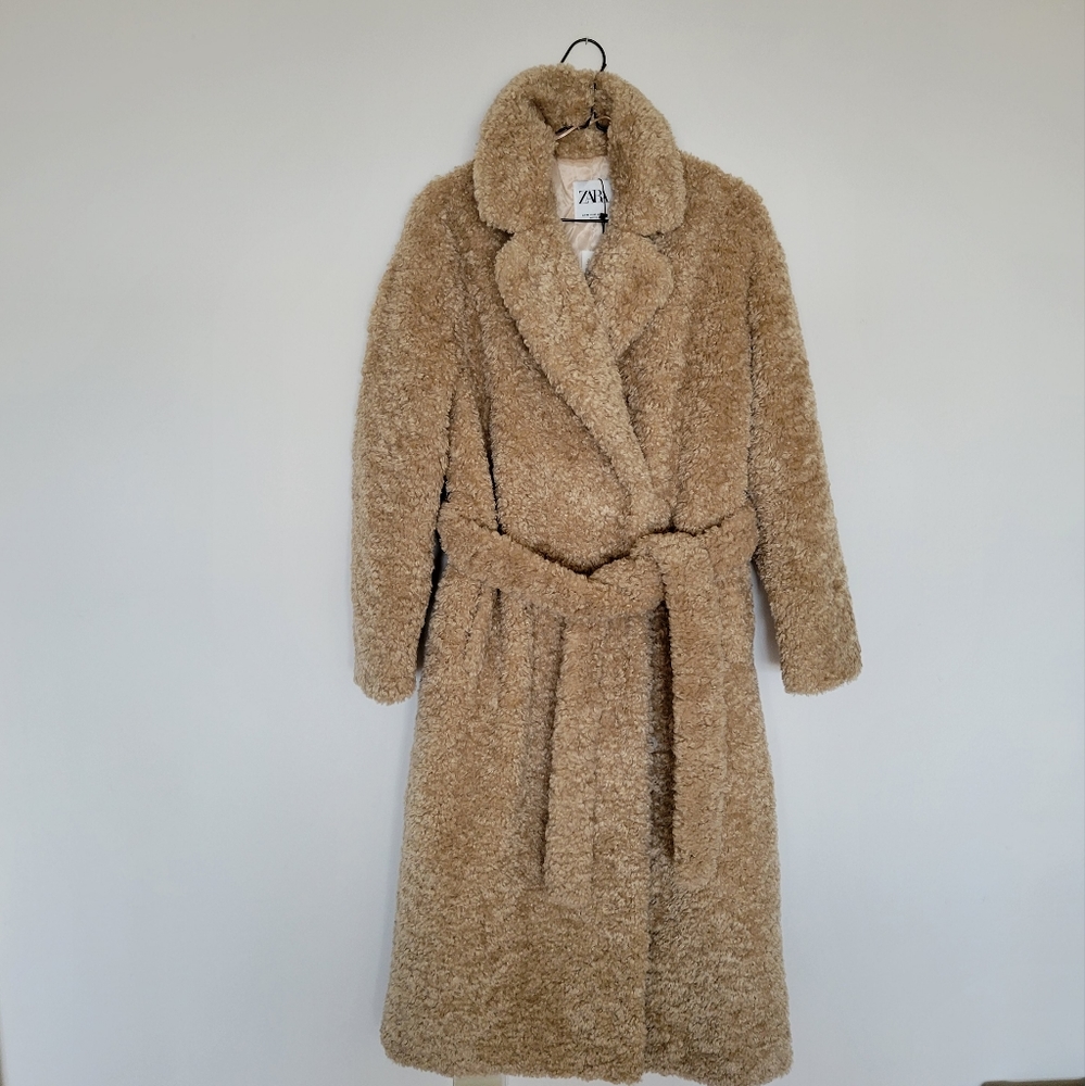 Zara Long Fleece Faux Fur Coat Jacket Brown Size L NWT - Picture 9 of 11
